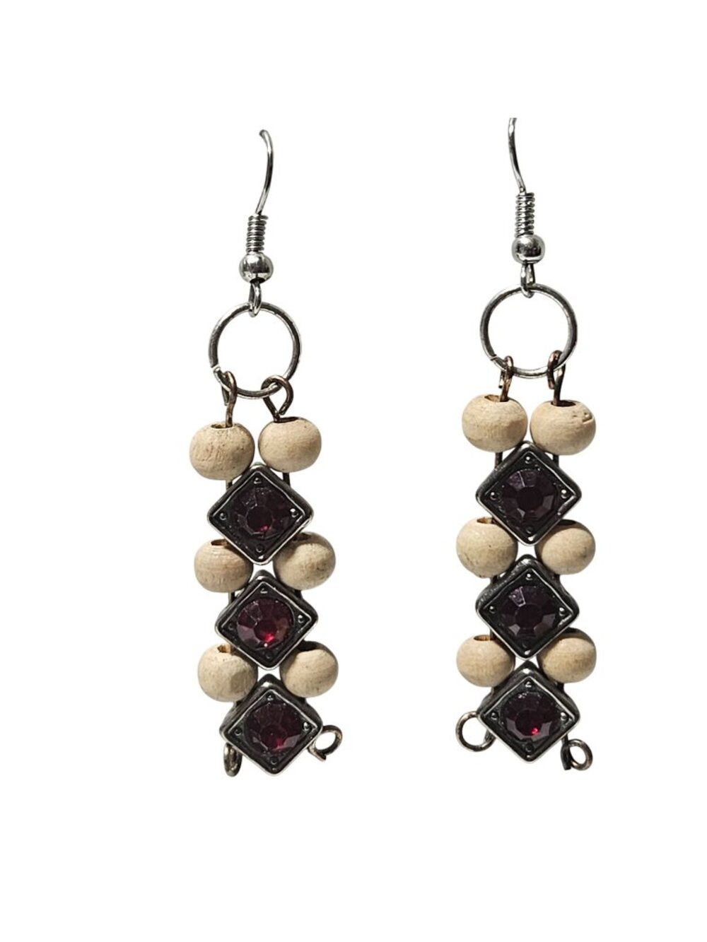Handcrafted Dangle Earrings Wooden Bead Red Gemstone Boho Statement Jewelry